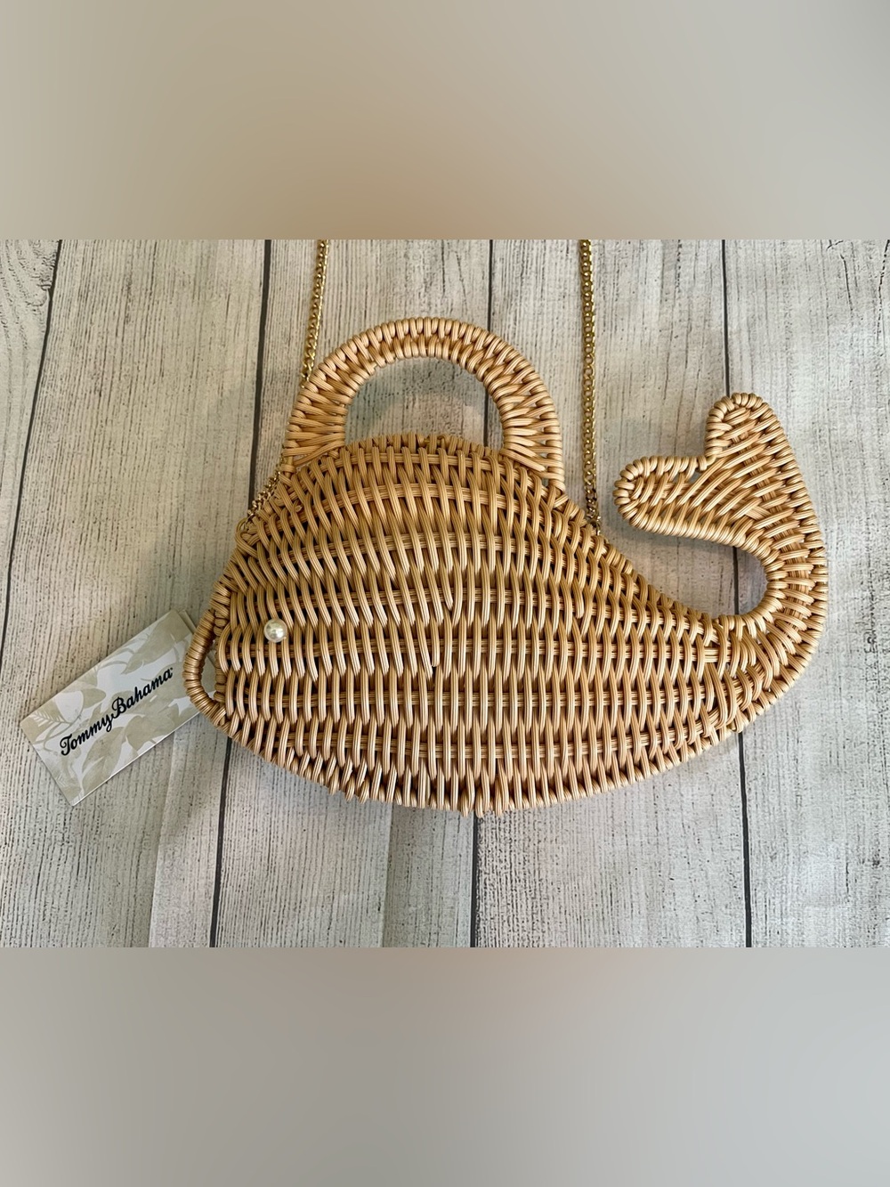 Tommy Bahama Woven Whale Crossbody Bag in Tan with Pearl Accent - Picture 1 of 3